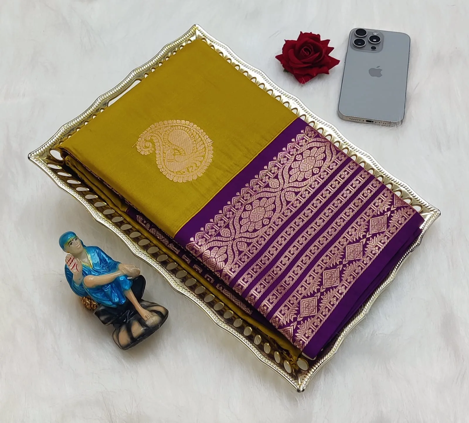 Paisley Motif with Purple Floral Border Korvai Soft Silk Saree